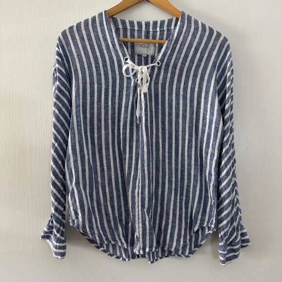Rails Womens Top Lily Parisian Blue Lace-Up Linen Blouse Long Sleeve Size‎ Small - Picture 1 of 6